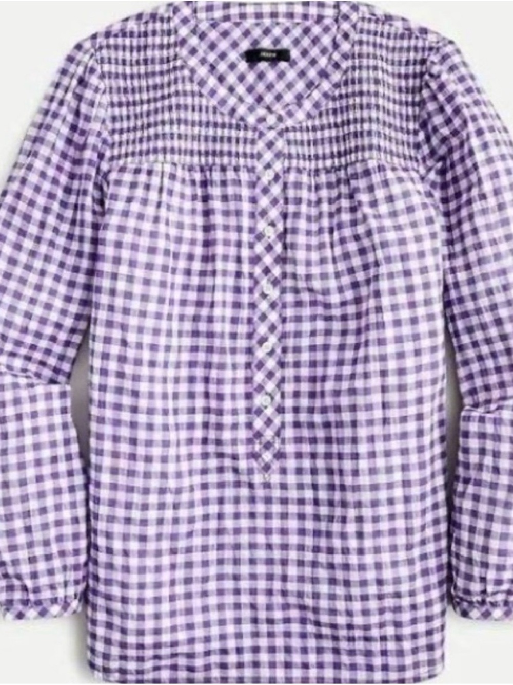 J. Crew Lavender Gingham Smocked Yoke Button-Front Blouse
